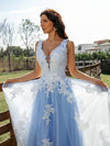 A-Line/Princess V-neck Sky Blue Sleeveless Appliques Tulle Long Prom Dress