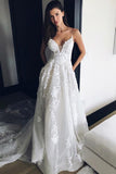 Spaghetti Strap V Neck Beach Wedding Dress with Court Train, Tulle Bridal Dress with Lace N1586