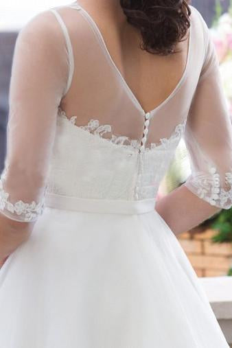 Ivory Half Sleeves Floor-length Bateau With Lace Applique Tulle Wedding Dress Bridal Gown N495