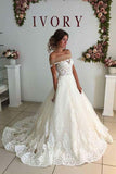 Sexy Ivory Off-Shoulder Sweep Train Wedding Dress Lace applique Bridal Dress N654