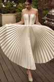Ankle Length Strapless Wedding Dress, Ivory Pleats Beach Wedding Dresses N2276