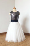 A Line Floor Length Charcoal Grey Sequin Ivory Tulle Flower Girl Dress With Navy Blue Bow F017