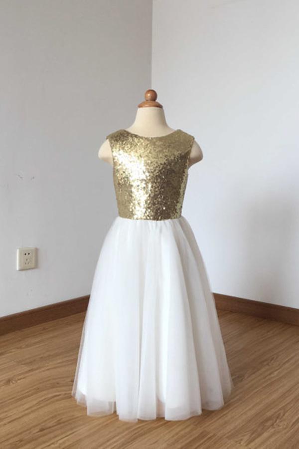 A Line Floor Length Ivory Tulle Flower Girl Dress With Gold Sequin, Cheap Flower Girl Dress F032
