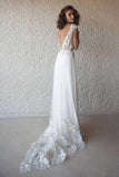 Ivory Cap Sleeves V Neck Wedding Dress Beach Boho Appliques Bridal Dress N1402