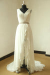 Ivory V Neck Sleeveless Pleated Slit Chiffon Summer Beach Wedding Dress with Beading