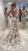 Ivory Sheer Back Jewel Neck Trumpet/Mermaid Lace Tulle Long Wedding Dress N548