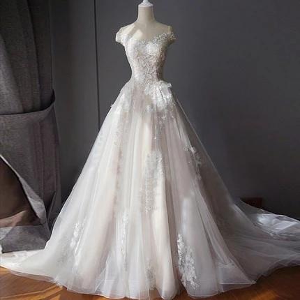 Stunning Off the Shoulder Tulle Wedding Dress With Lace Applique, Bridal Dress With Long Train N2522