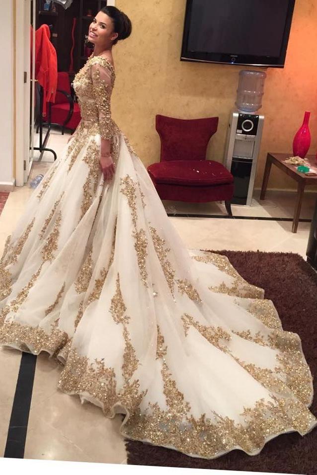 Luxurious Gold Lace Appliques 3/4 Sleeves V Neck Ball Gown Tulle Wedding Dress,Big Prom Dress,N309