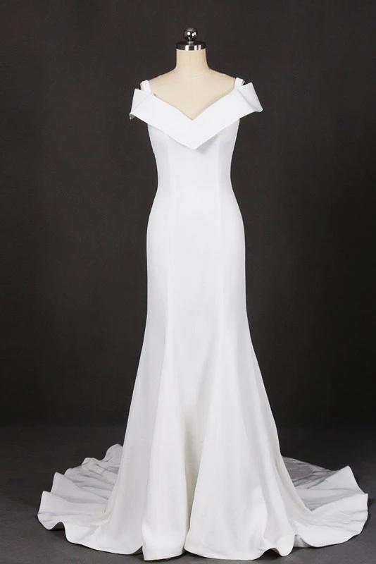 Mermaid V Neck Off White Simple Wedding Dress, Unique Long Bridal Dress N2305