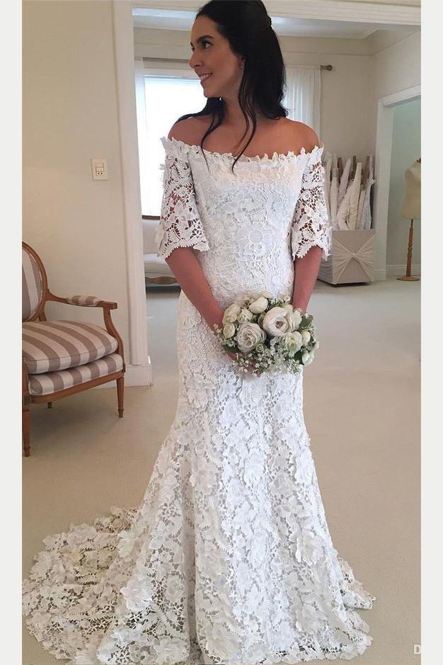 White Off the Shoulder Lace Wedding Dress, Half Sleeves Sweep Train Lace Bridal Dress 