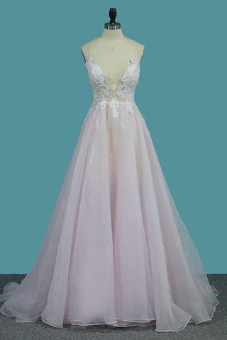 Deep V Neck Light Pink A Line Prom Dress, Spaghetti Straps Appliques Sexy Prom Dress