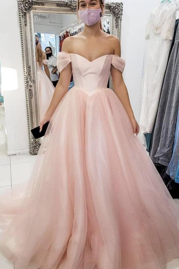 A Line Simple Light Pink Off The Shoulder Party Dress Long Tulle Prom Evening Dress