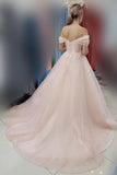 A Line Simple Light Pink Off The Shoulder Party Dress Long Tulle Prom Evening Dress