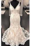 Luxurious V Neck Sleeveless Mermaid Long Lace Wedding Dress Sweep Train Bridal Dress N835