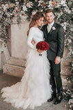 A-Line Ivory Sweep Train Tulle Long Sleeves Beach Wedding Dresses with Ruffles N1232