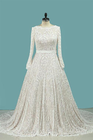 Vintage Long Sleeves Lace Wedding Dress with Sash, A Line Backless Bridal Dress