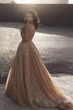 Sparkly Gold Sequins Long Prom Gown Spaghetti Straps Backless Evening Dress