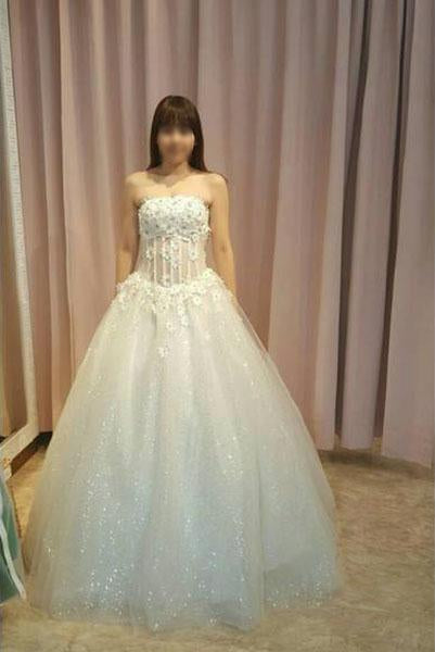Elegant Strapless Floor-length Ball Gown Wedding Dress with Flowers,Prom Gown,N436