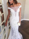 Sexy Mermaid White Off-the-shoulder Sheer Lace Appliques Court Train Beach Wedding Dress N496