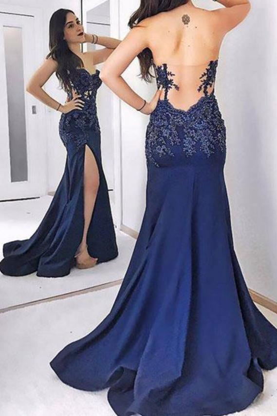 Dark Blue Strapless Long Evening Dress, Sexy Sweetheart Appliqued Prom Dresses