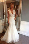 Ivory V Neck Sleeveless Mermaid Wedding Dress, Long Tulle Bridal Dress with Appliques