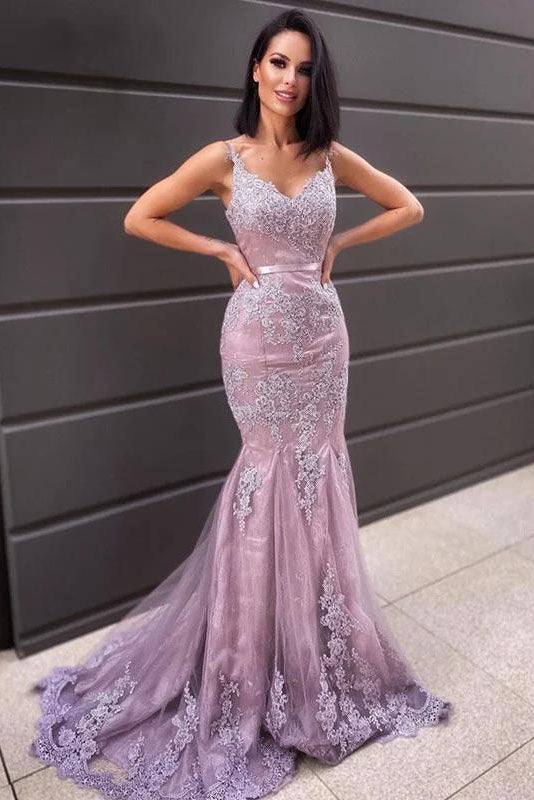 Lace Applique Sweet 16 Prom Dress Mermaid V Neck Evening Prom Dress