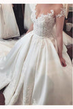 Fascinating Satin Sheer Neckline Ball Gown Wedding Dress With Appliques Bowknot N1381