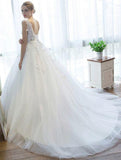 Ball Gown V Neck Tulle Court Train Appliques Lace Backless Cap Sleeve Bridal Dress N1265