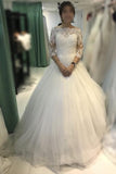 Ball Gown Ivory Off-the-shoulder 3/4 Sleeves Tulle Bridal Dress,Lace Beach Wedding Dress,N409