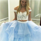 Two Piece Off-the-Shoulder Blue Tulle Long Prom Dress with Lace