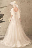 Ivory Unique Tulle Lace Long Wedding Dress Short Sleeves Lace Up Back Bridal Dress N2585