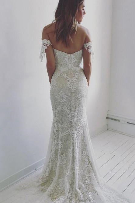 Affordable Off the Shoulder Mermaid Lace Long Wedding Dress Lace Prom Dress N1124