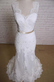 Sheath V Neck Sleeveless Lace Bridal Dress Sweep Train Tulle Beach Wedding Gown with Sash N819