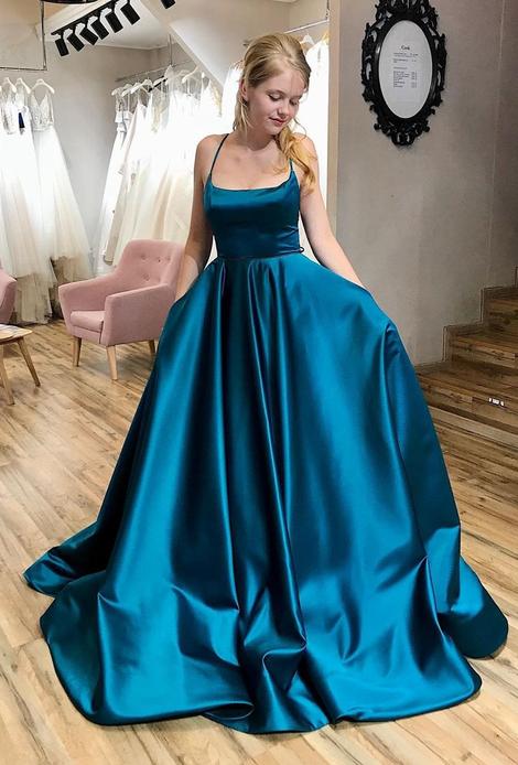 A-Line Satin Spaghetti Straps Ink Blue Pageant Dance Dress School Party Gown Long Prom Dress
