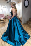 A-Line Satin Spaghetti Straps Ink Blue Pageant Dance Dresses School Party Gown Long Prom Dress