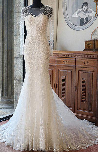 Ivory Long Sleeves Mermaid Lace Appliques Tulle Wedding Dress with Train Beach Wedding Dress N390