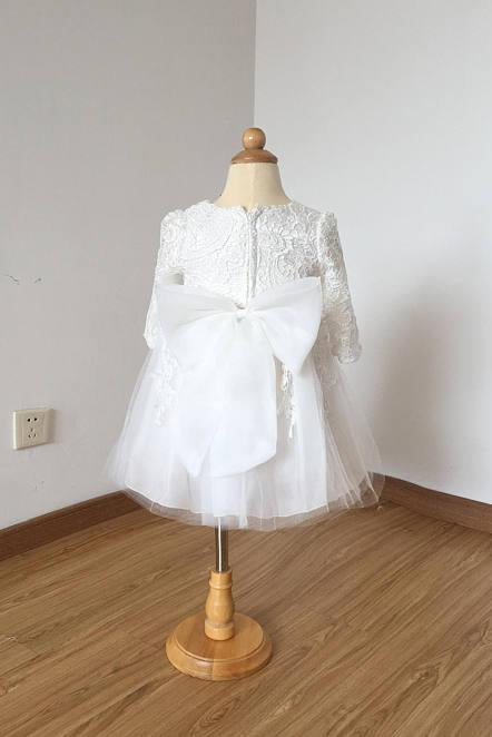 Cheap Floor Length Ivory Lace Tulle Long Sleeves Flower Girl Dress With Bow F020