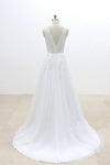 A Line V Neck Lace Appliqued Tulle Wedding Dress With V-Cut Back,Beach Wedding Dress N818