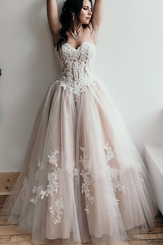 Floor Length Sweetheart Tulle Wedding Dress With Lace Appliques, Long Prom Dress N1581