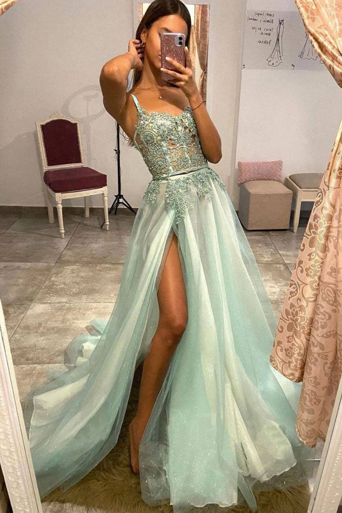 Mint Green Tulle Formal Evening Dress Lace A Line Appliques Long Prom Dress