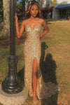 Gold Mermaid Sequin Sheath Spaghetti Straps Long Prom Dress With Side Split
