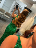 One Shoulder Mermaid Shiny Green Sequins Formal Graduation Evening Dress Long Prom Dress