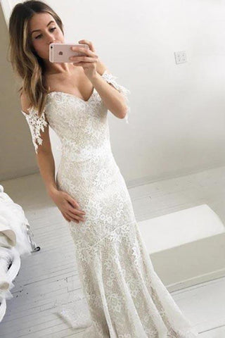 Affordable Off the Shoulder Mermaid Lace Long Wedding Dresses, Lace Prom Dress