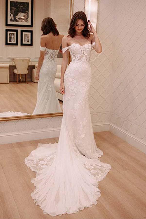 Sexy Off Shoulder Appliqued Beach Wedding Dress with Court Train, Ivory Bridal Dress