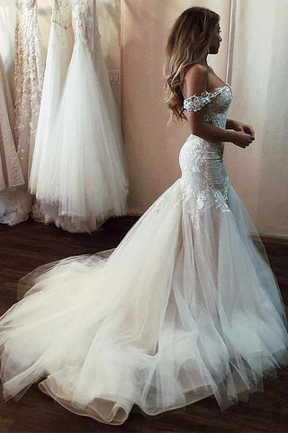 Off the Shoulder Mermaid Wedding Dress with Lace, Long Tulle Bridal Dress with Train N1382