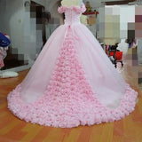 Pink Ball Gown Princess Off-shoulder Hand-Made Flower Wedding Dress N479