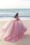 Pink Off the Shoulder Tulle Flower Wedding Dresses Ball Gowns Quinceanera Dress N1261