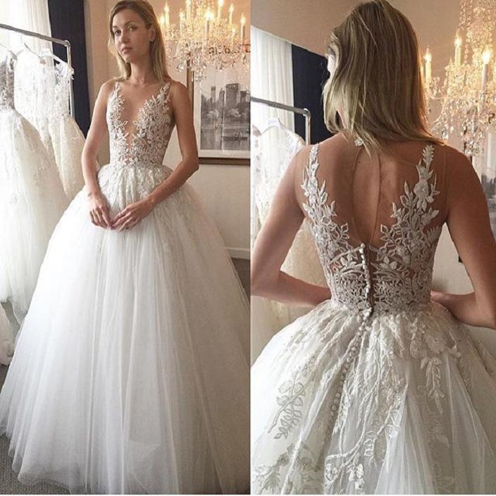 Ivory Deep V-neck Lace Appliqued Tulle Wedding Dress,Sexy Sheer Bridal Wedding Gown,N272