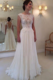 A-line Lace Appliqued Cap Sleeves Ivory Chiffon Brial Dress,Long Backless Beach Wedding Dress,N233
