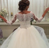 Ivory Lace Beaded Tulle Long Ball Gown Wedding Dresses With Sleeves - Bohogown